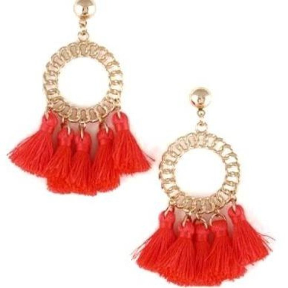 Stud Link Hoop Tassel Earring(Neon Coral)